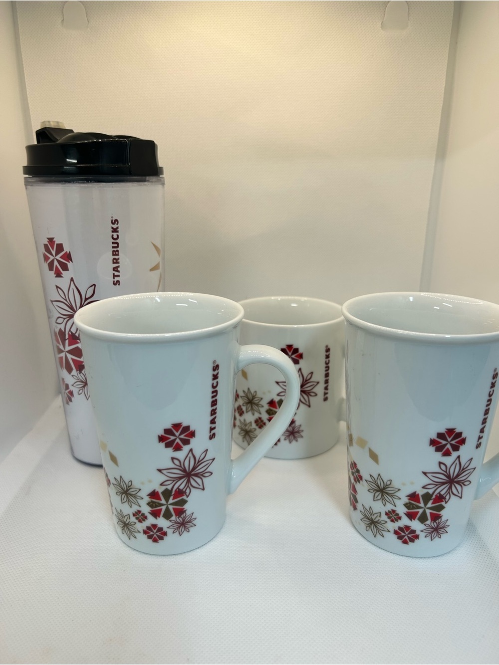 Starbucks Holiday Set 2013 Retro Snowflakes Tumbler & three 12oz Ceramic Mugs